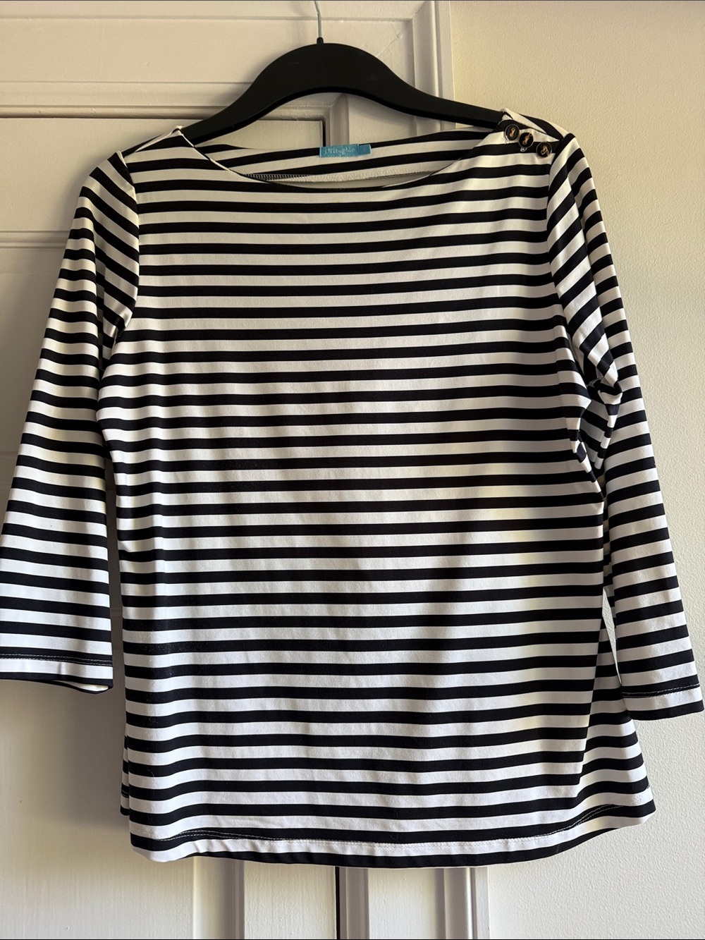 J. McLaughlin Black & White Striped Long Sleeve Top with Button Shoulder